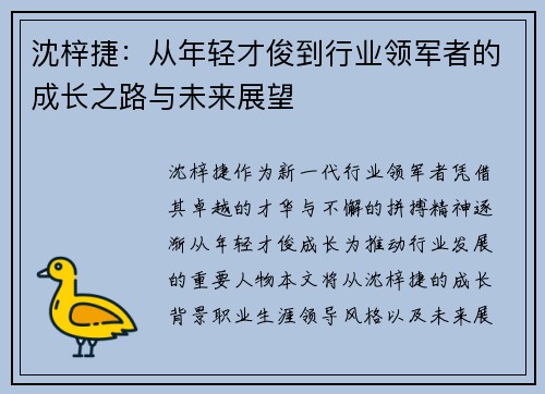 沈梓捷：从年轻才俊到行业领军者的成长之路与未来展望